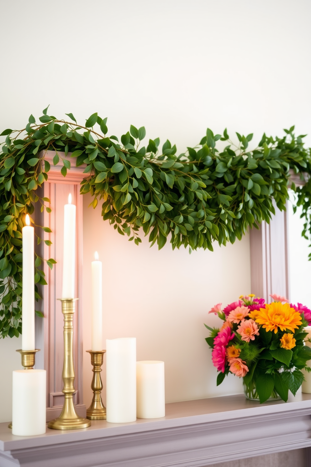 A charming summer mantel adorned with a lush garland of greenery drapes elegantly across the top. Soft white candles of varying heights are placed alongside vibrant floral arrangements in bright hues, creating a cheerful and inviting atmosphere.