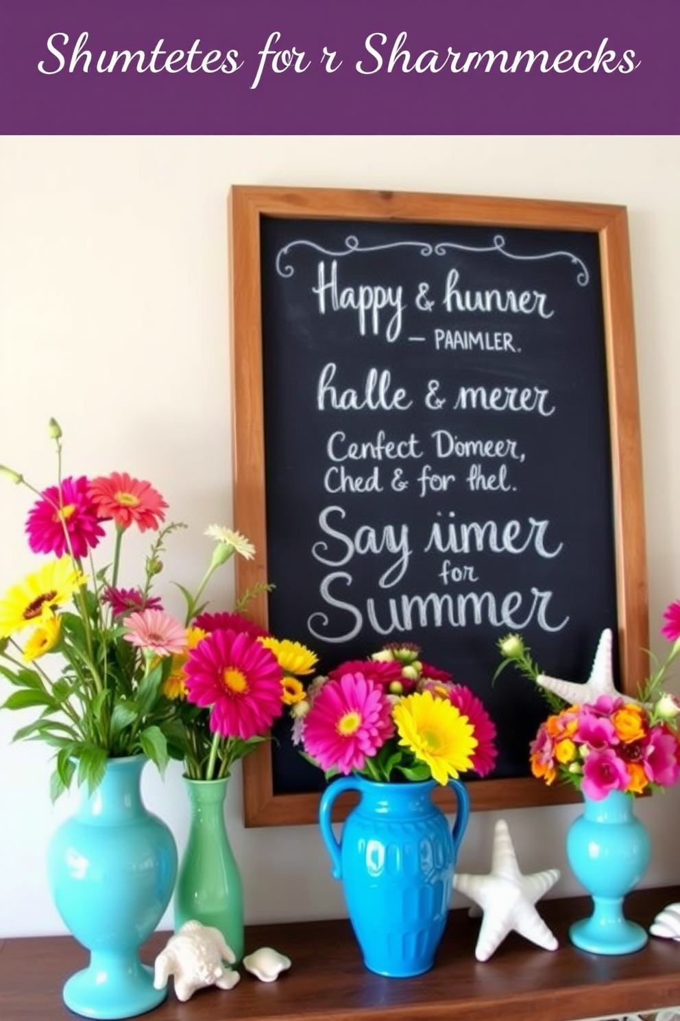 A charming mantel decorated for summer features a large chalkboard displaying cheerful seasonal messages. Surrounding the chalkboard are vibrant floral arrangements in colorful vases, along with beach-themed decor items like seashells and starfish.