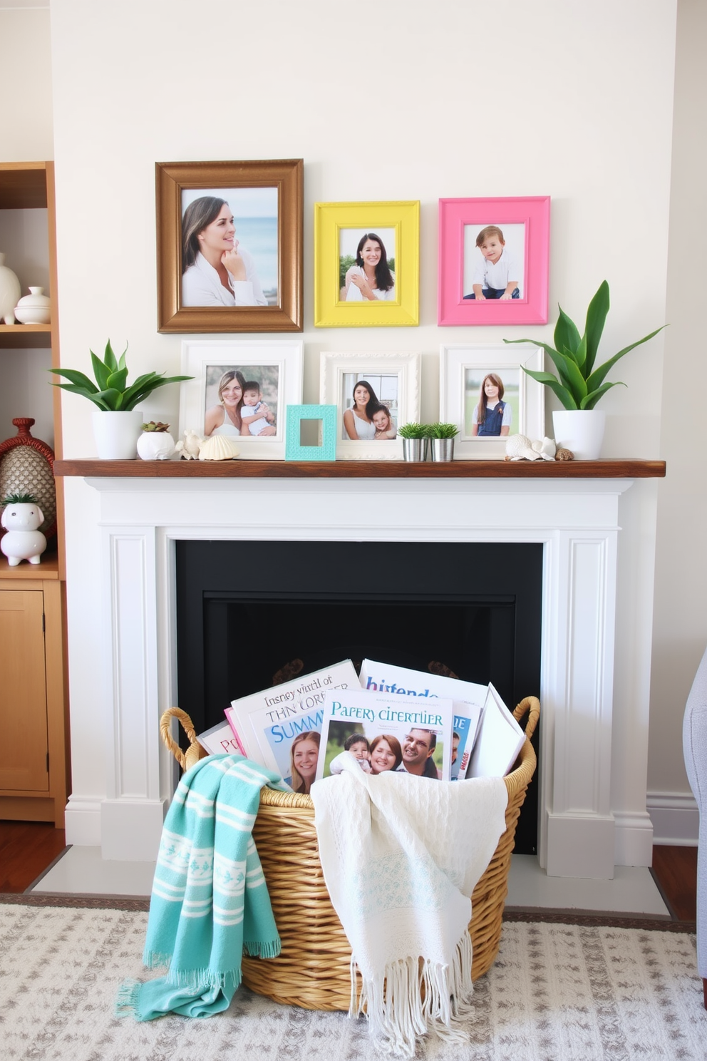 A cozy living room setting features a mantel adorned with summer-themed decorations. The mantel showcases family photos in vibrant summer frames, surrounded by seashells and small potted plants. The color palette includes soft pastels and bright whites to evoke a light and airy feel. A woven basket sits at the base, filled with summer magazines and a cozy throw blanket for added comfort.