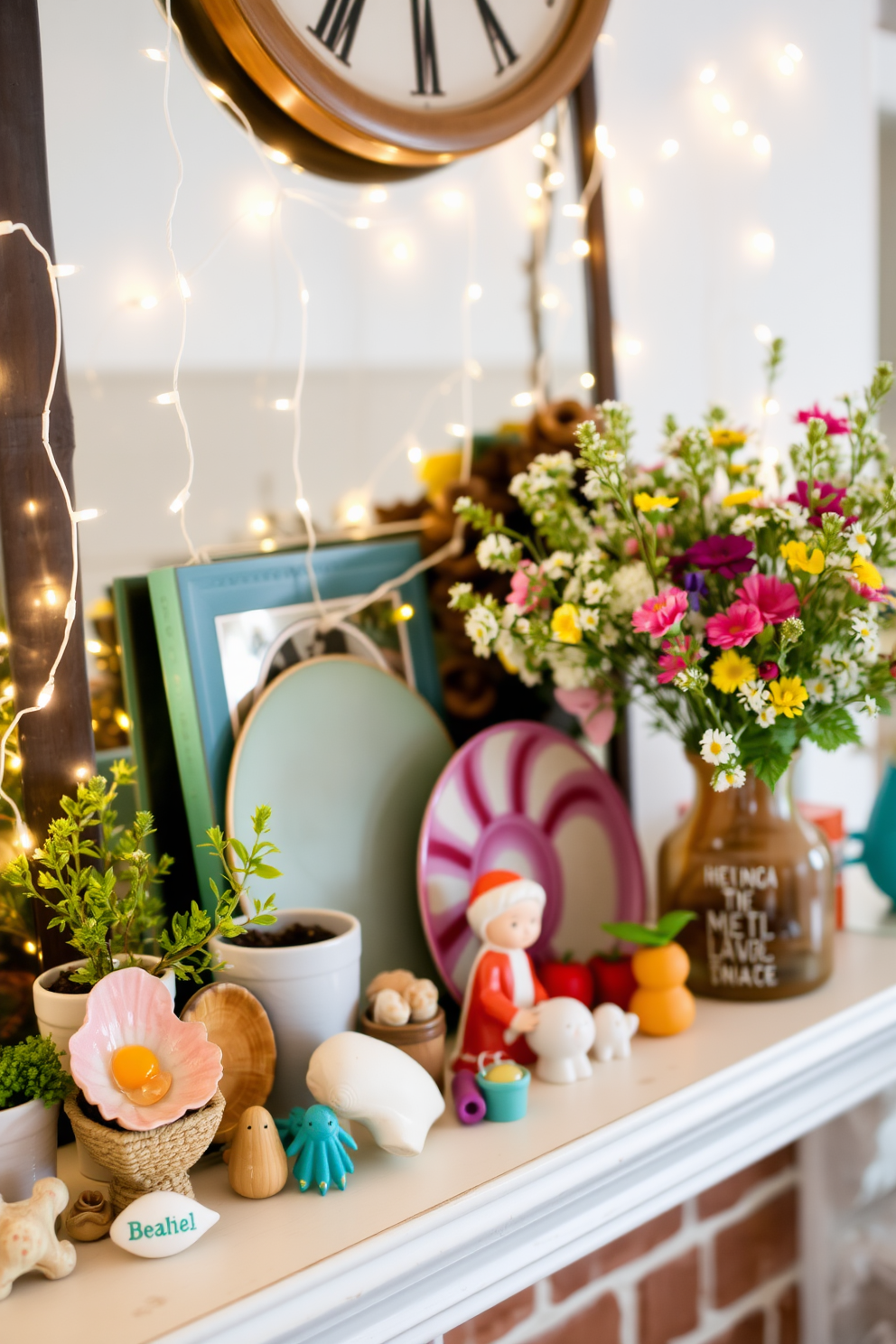 A charming summer mantel decorated with whimsical elements. Delicate fairy lights drape elegantly across the mantel, casting a soft glow over vibrant seasonal decor. Colorful seashells and small potted plants are arranged alongside cheerful summer-themed figurines. A fresh bouquet of wildflowers in a rustic vase adds a touch of nature to the display.