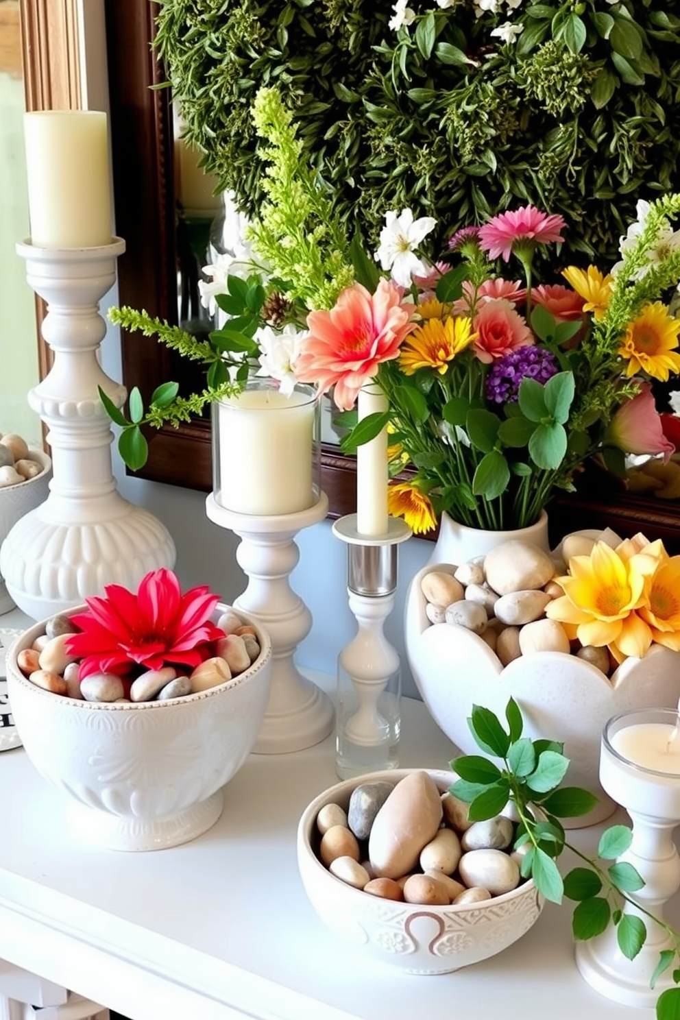 Create a bright and airy summer mantel display. Use decorative bowls filled with smooth stones in varying sizes and colors to add a natural touch. Incorporate fresh greenery and seasonal flowers to enhance the vibrant atmosphere. Arrange the bowls alongside candles and a few carefully selected decorative items for a cohesive look.