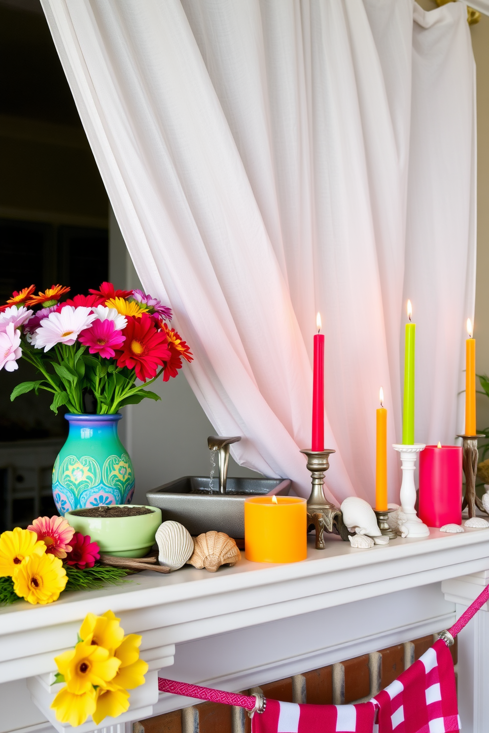 A charming summer mantel adorned with vibrant seasonal decor. Fresh flowers in a colorful vase sit next to a small fountain, creating a soothing sound that enhances the warm ambiance. Brightly colored candles in varying heights are arranged along the mantel, complemented by decorative seashells and driftwood accents. The backdrop features a light, airy fabric draped elegantly, adding texture and a touch of whimsy to the overall design.