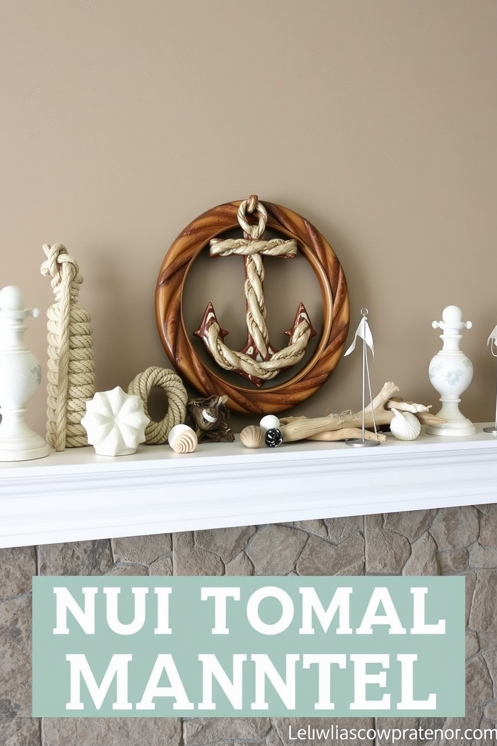 Create a nautical theme for a summer mantel. Incorporate elements like ropes, seashells, and driftwood to evoke a coastal atmosphere.