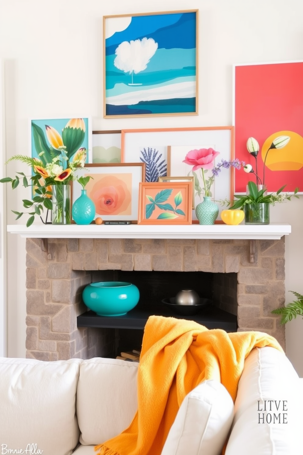 A bright and inviting living room featuring a summer-themed mantel decorated with vibrant art prints. The mantel is adorned with a mix of colorful frames showcasing abstract and nature-inspired artwork, complemented by greenery in stylish vases. On the mantel, a collection of decorative objects in cheerful hues adds personality and warmth. A soft throw blanket in a bold color drapes elegantly over the side, enhancing the seasonal charm of the space.