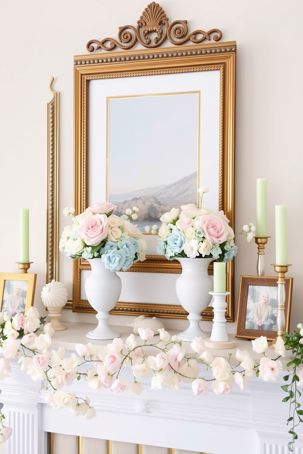 A charming summer mantel decorated with pastel-colored accents. Delicate floral arrangements in soft pinks and blues are placed in elegant vases, complemented by light green candles and decorative seashells. A lightweight, airy garland of pastel flowers drapes across the mantel, enhancing the serene ambiance. Subtle touches of gold in picture frames and decorative objects add a hint of sophistication to the overall design.