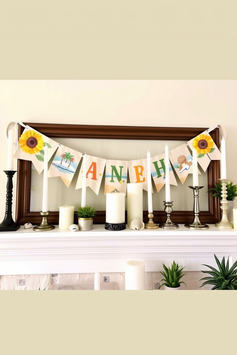 A bright and cheerful summer mantel decorated with a colorful banner featuring sunflowers and beach motifs. The mantel is adorned with a collection of assorted candles in varying heights, surrounded by seashells and small potted plants to create a lively and inviting atmosphere.