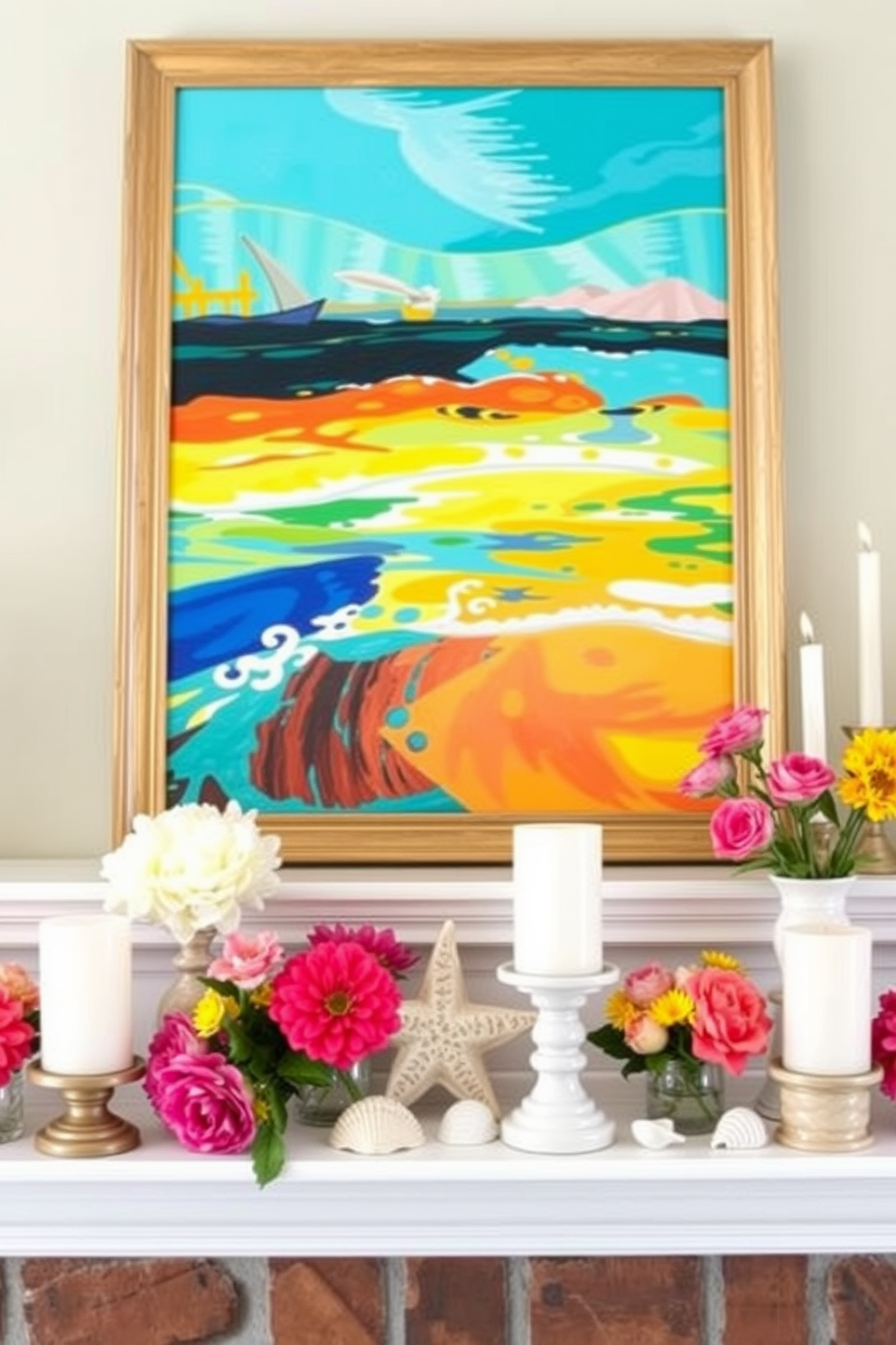 A vibrant summer mantel display features a large, colorful piece of art as the focal point. Surrounding the artwork are seasonal decorations such as fresh flowers, seashells, and candles in varying heights to create visual interest.