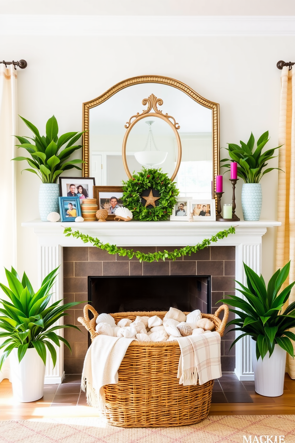 A bright and airy living room features a beautifully styled mantel adorned with seasonal summer decorations. Fresh greenery from potted plants sits at either end, complementing colorful accents like seashells and vibrant candles. The mantel is topped with a collection of framed family photos and a large, decorative mirror that reflects natural light. A woven basket filled with soft throw blankets is placed nearby, inviting relaxation and comfort.