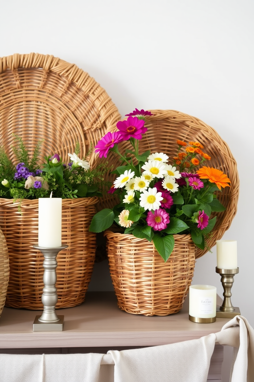 A cozy summer mantel decorated with woven baskets of various sizes. The baskets are filled with vibrant seasonal flowers and greenery, creating a lively and inviting atmosphere. The mantel is adorned with lightweight fabrics like linen and cotton, adding softness to the overall look. A few decorative candles in different heights are placed alongside the baskets, providing warmth and charm.