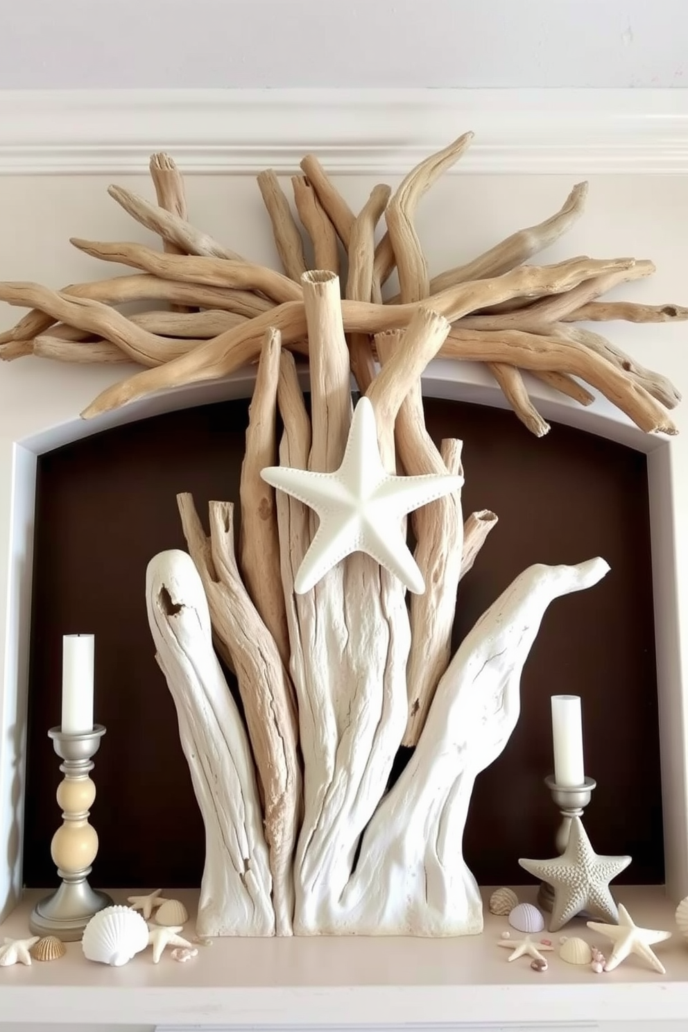 A serene beach-themed mantel is adorned with weathered driftwood pieces arranged artfully. Soft white and sandy beige accents complement the natural textures, while seashells and starfish are scattered throughout for a coastal touch.