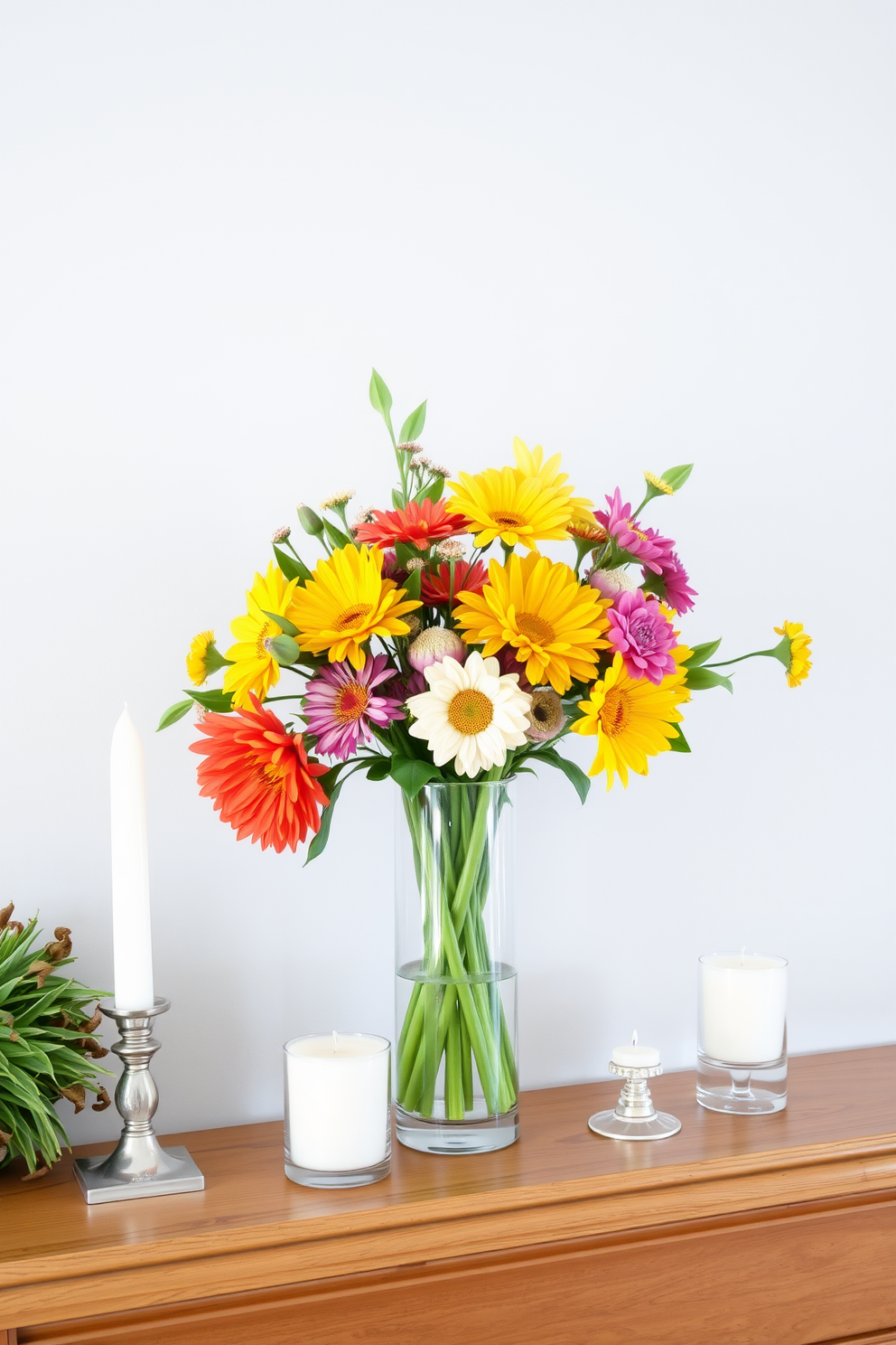 A simple elegant vase serves as the centerpiece on the mantel, filled with fresh seasonal flowers that bring a touch of nature indoors. Surrounding the vase, delicate candles of varying heights add warmth and a soft glow to the summer decor.