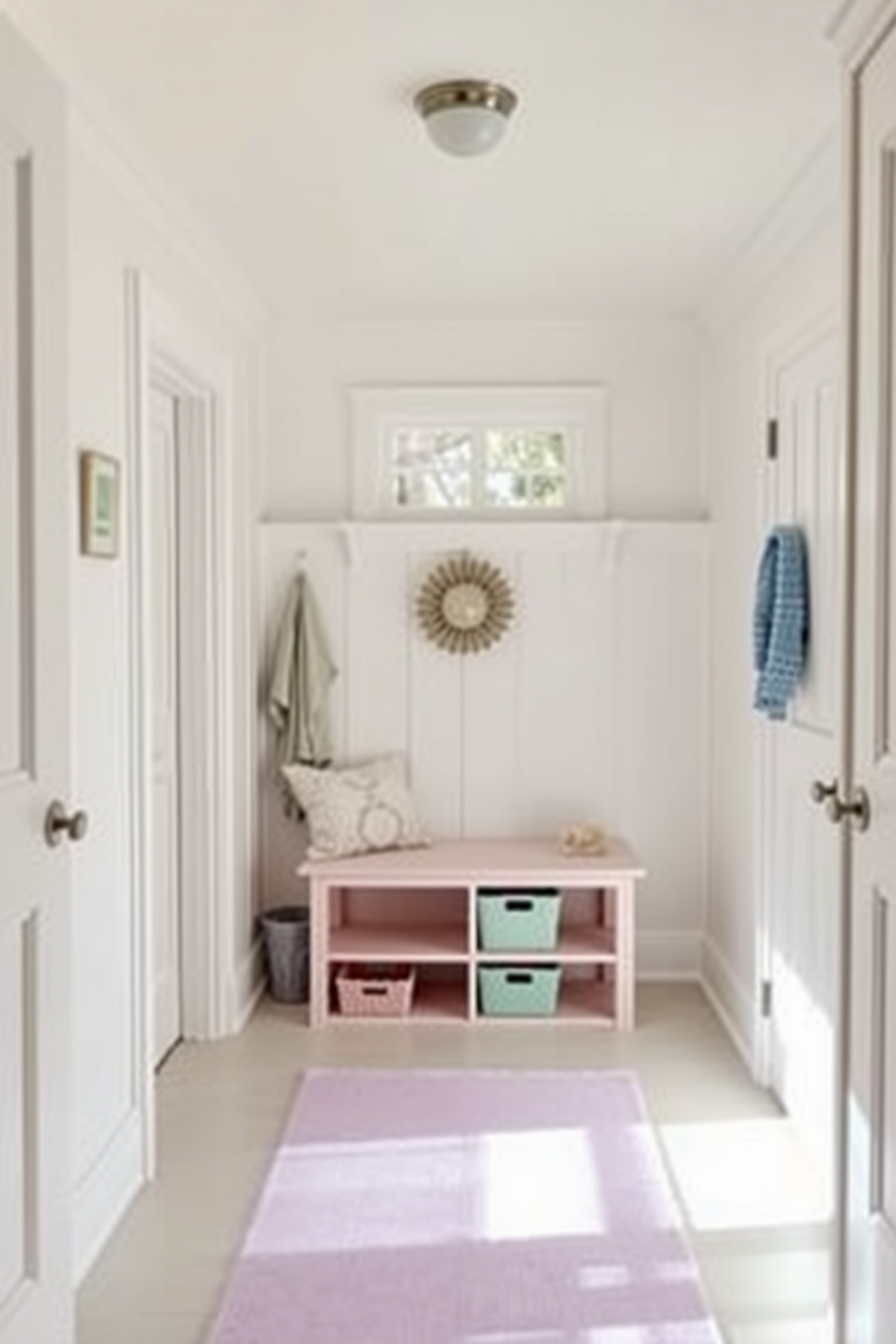 A cheerful mudroom filled with natural light. The walls are painted in a soft white, creating a bright and airy atmosphere. Pastel colored accessories are scattered throughout the space. A light pink bench sits against the wall, complemented by mint green storage bins and a lavender rug.