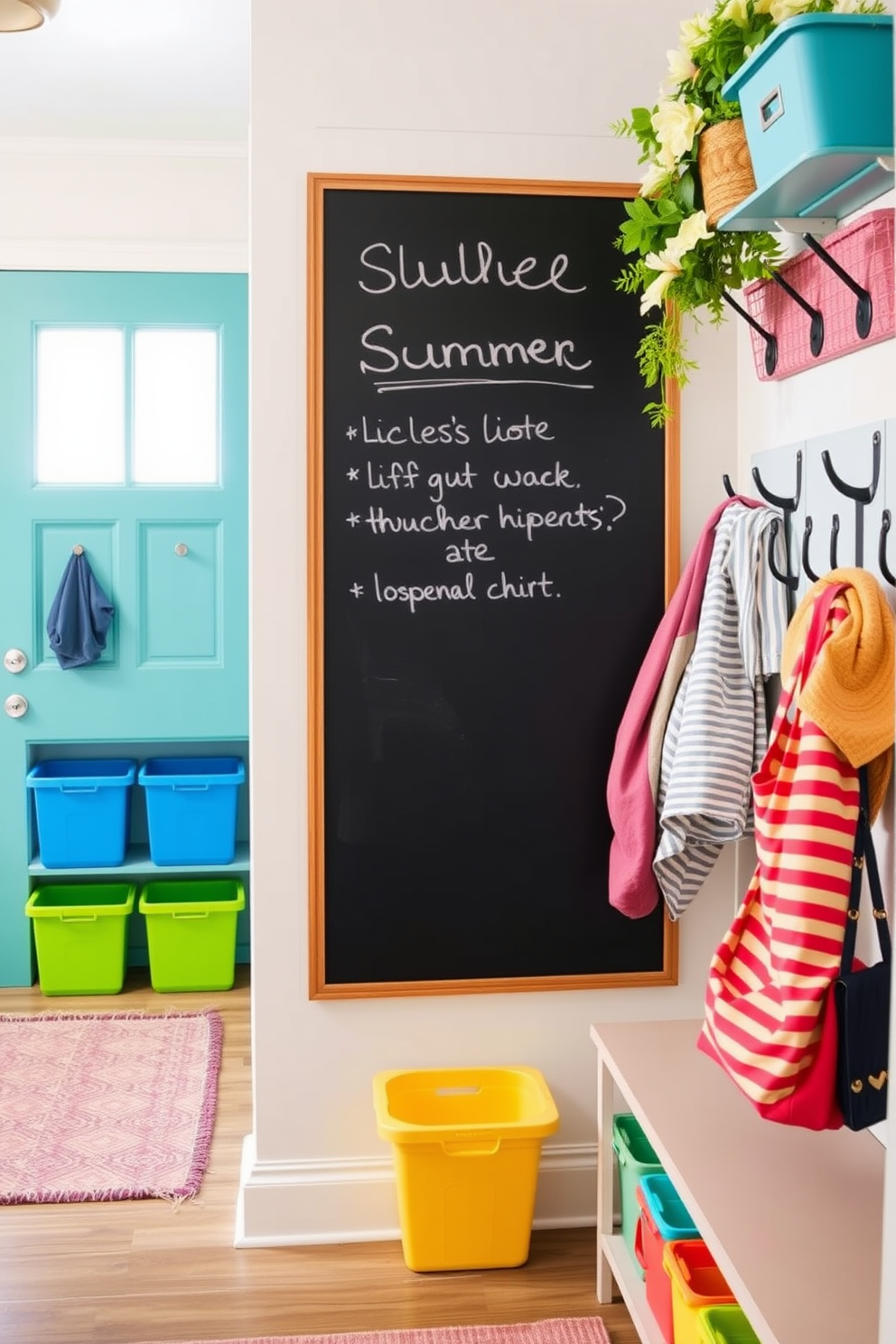 A bright and cheerful summer mudroom features a large chalkboard mounted on the wall for leaving messages and reminders. The space is adorned with colorful storage bins and hooks for hanging bags and hats, creating an organized and welcoming atmosphere.