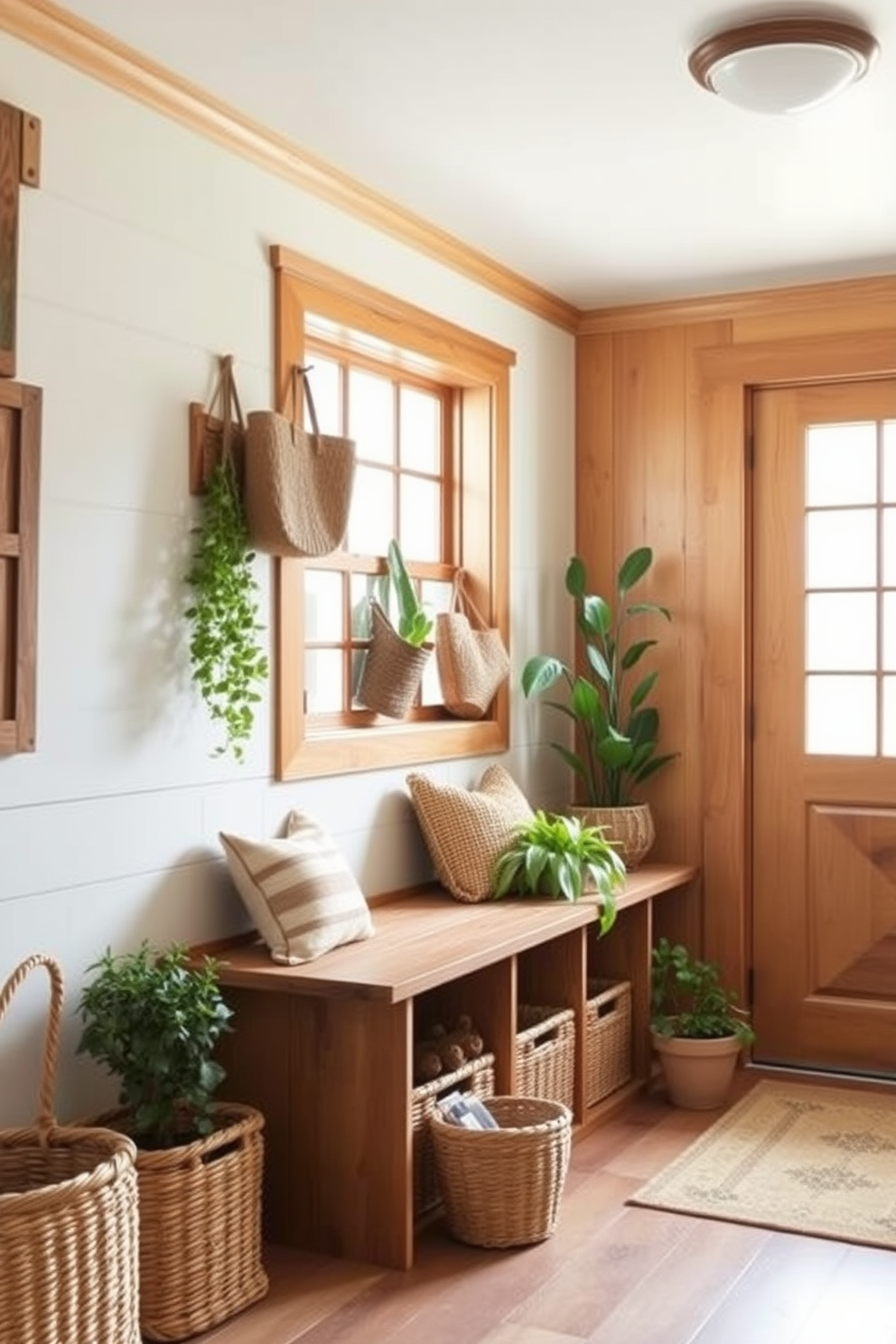 A warm and inviting mudroom features natural wood accents throughout, creating a rustic atmosphere. The space includes a wooden bench with storage underneath, complemented by woven baskets for organization. Walls are painted in a soft cream color to brighten the area, while a large window allows natural light to flood in. A collection of potted plants adds a touch of greenery, enhancing the summer vibe of the room.