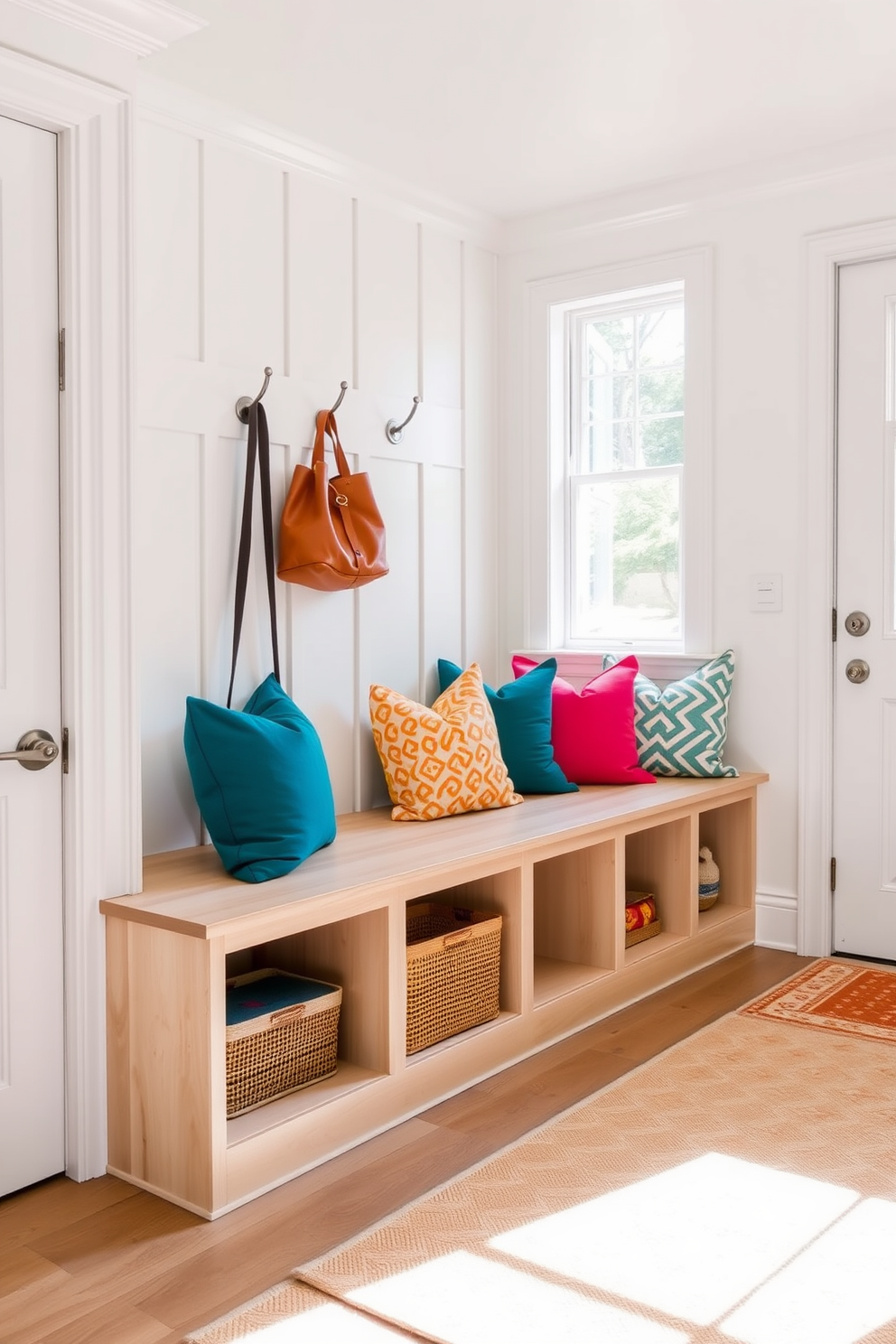 A bright and inviting mudroom features a spacious bench with a light wood finish and ample storage underneath. Colorful throw pillows in vibrant hues are arranged on the bench, adding a cheerful touch to the space. The walls are painted in a soft white, creating a fresh backdrop that enhances the natural light streaming in through the windows. A patterned area rug in warm tones anchors the room, while hooks for coats and bags provide functional elegance.