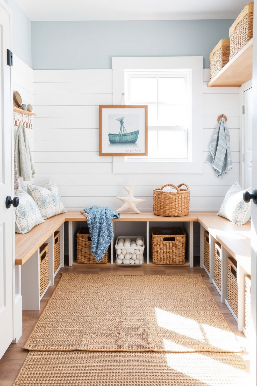 Create a bright and airy summer mudroom with a coastal theme. Incorporate soft blue walls and white shiplap accents, complemented by natural wood storage benches and woven baskets for organization. Add a large jute rug to bring warmth and texture to the space. Decorate with seashells, driftwood, and beach-inspired artwork to enhance the beachy vibe.