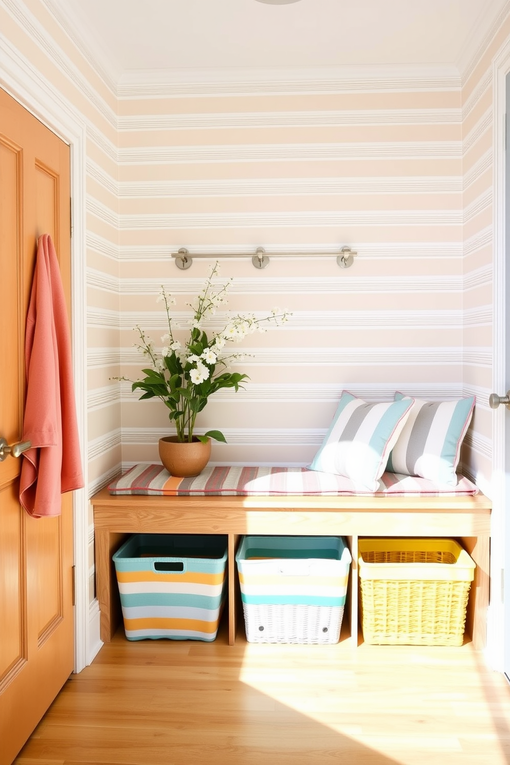 A bright and airy mudroom filled with summer vibes. The walls are adorned with cheerful striped wallpaper in soft pastel colors, creating a refreshing atmosphere. A large wooden bench with striped cushions provides a cozy seating area. Colorful storage baskets are neatly arranged underneath, complementing the striped theme.