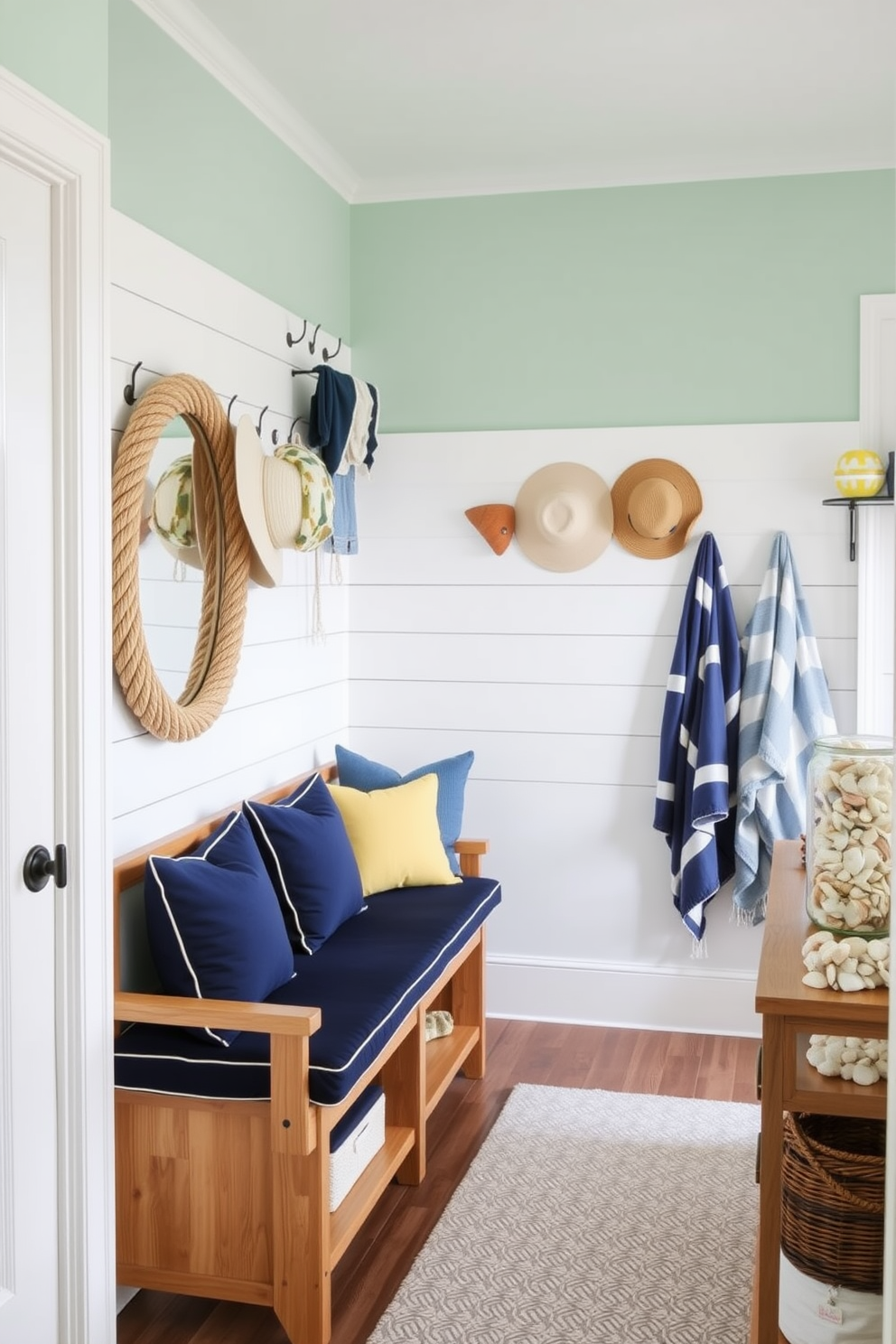 A bright and airy mudroom featuring nautical elements in the decor. The walls are painted in a soft seafoam green, and there are white shiplap accents throughout the space. A large wooden bench with navy blue cushions sits against one wall, while hooks above hold an assortment of beach hats and towels. Decorative elements include a rope-wrapped mirror and a collection of seashells displayed in a glass jar on a shelf.