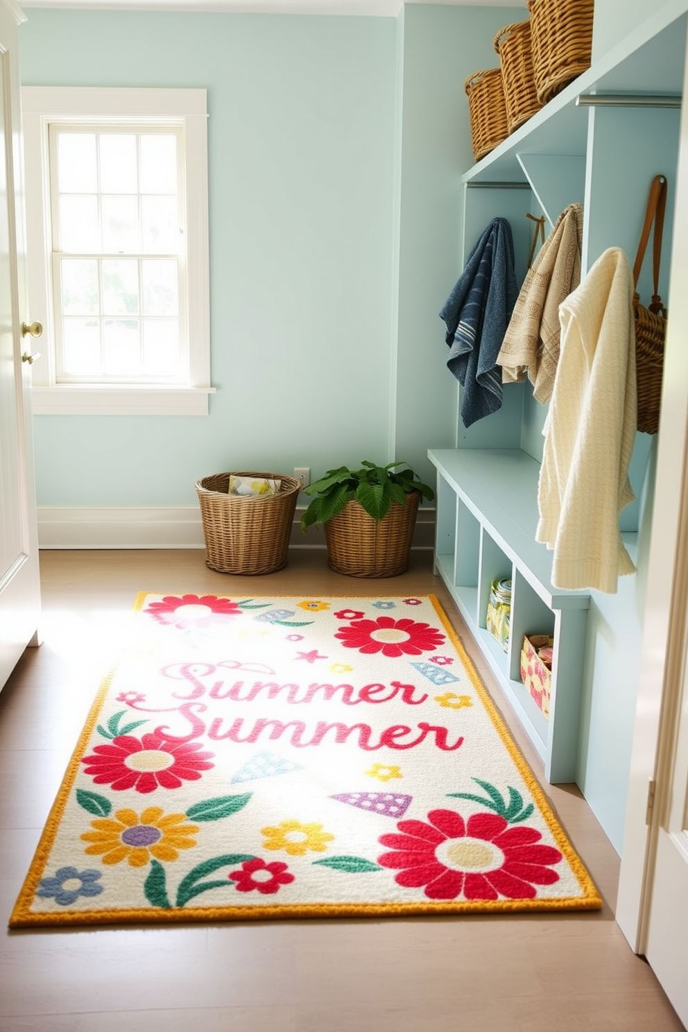 A cheerful summer-themed rug is placed in the mudroom, featuring bright colors and playful patterns that evoke a sense of warmth and joy. The walls are painted a light, airy blue, and the space is adorned with woven baskets for storage, creating a welcoming and organized environment.