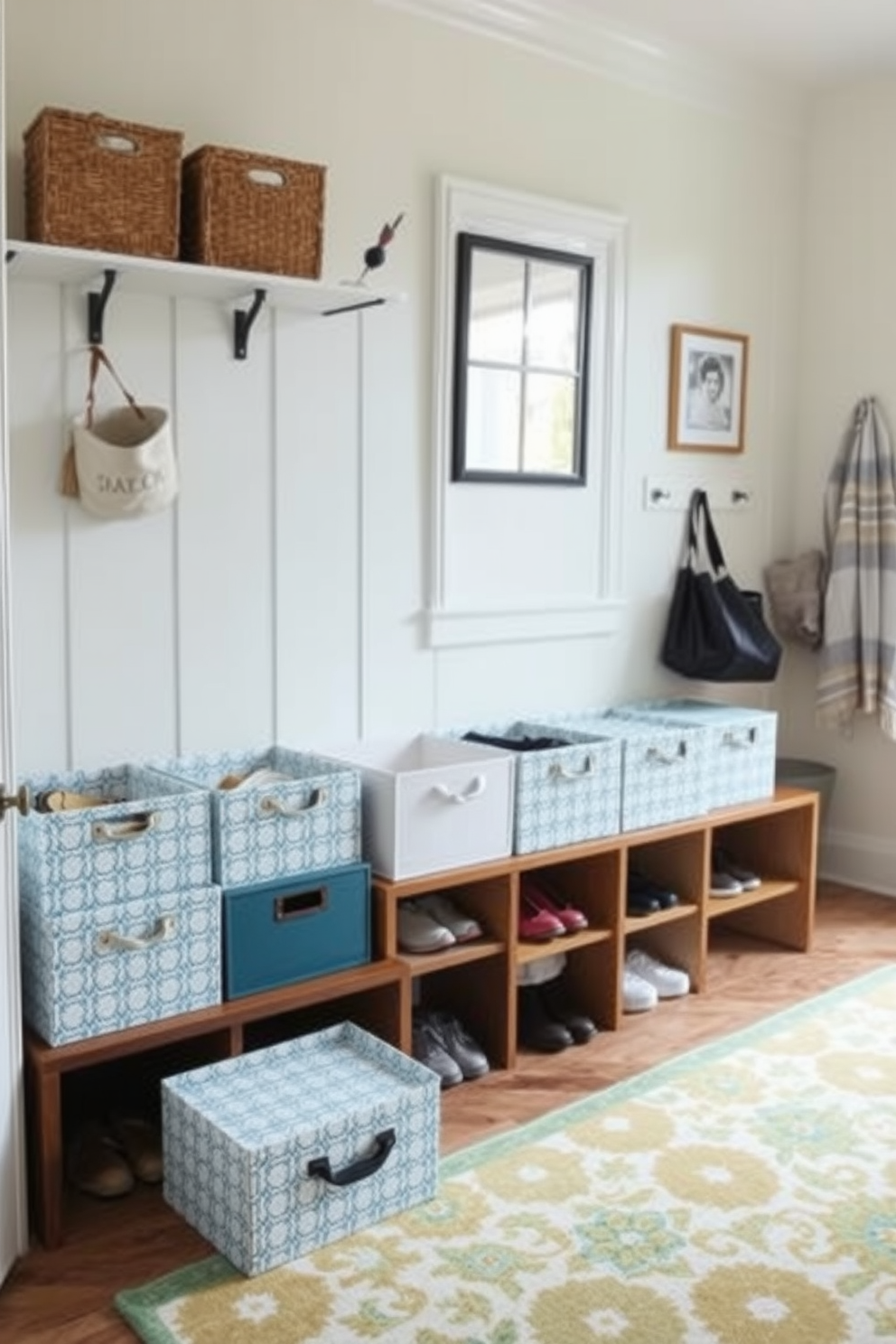 A bright and airy mudroom features a stylish arrangement of decorative storage boxes for shoes, neatly organized on a wooden bench. The walls are painted in a soft, inviting color, complemented by a cheerful area rug that adds warmth and texture to the space.