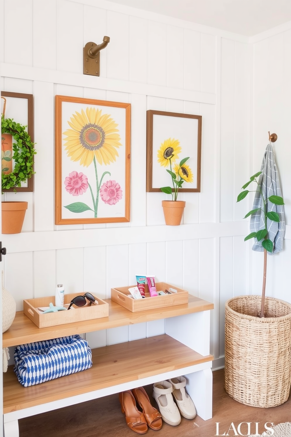 A charming summer mudroom features a light and airy color palette with soft pastels. Decorative trays are strategically placed on a wooden bench, holding small items like keys, sunglasses, and sunscreen for easy access. The walls are adorned with cheerful artwork that reflects the season, while potted plants add a touch of greenery. A woven basket sits in the corner, providing a stylish solution for storing summer footwear.