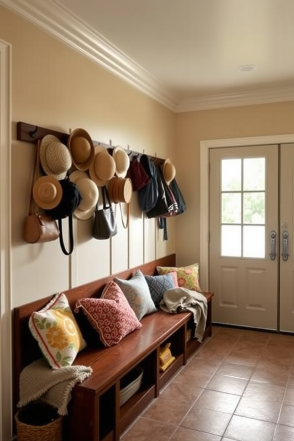 A welcoming mudroom filled with natural light. The walls are painted in a soft beige color, and the floor is covered with a durable yet stylish tile. A wooden bench with built-in storage sits against one wall, adorned with colorful cushions. Hooks above the bench hold an assortment of summer hats and bags, while a cozy throw is draped over the side for cool evenings.