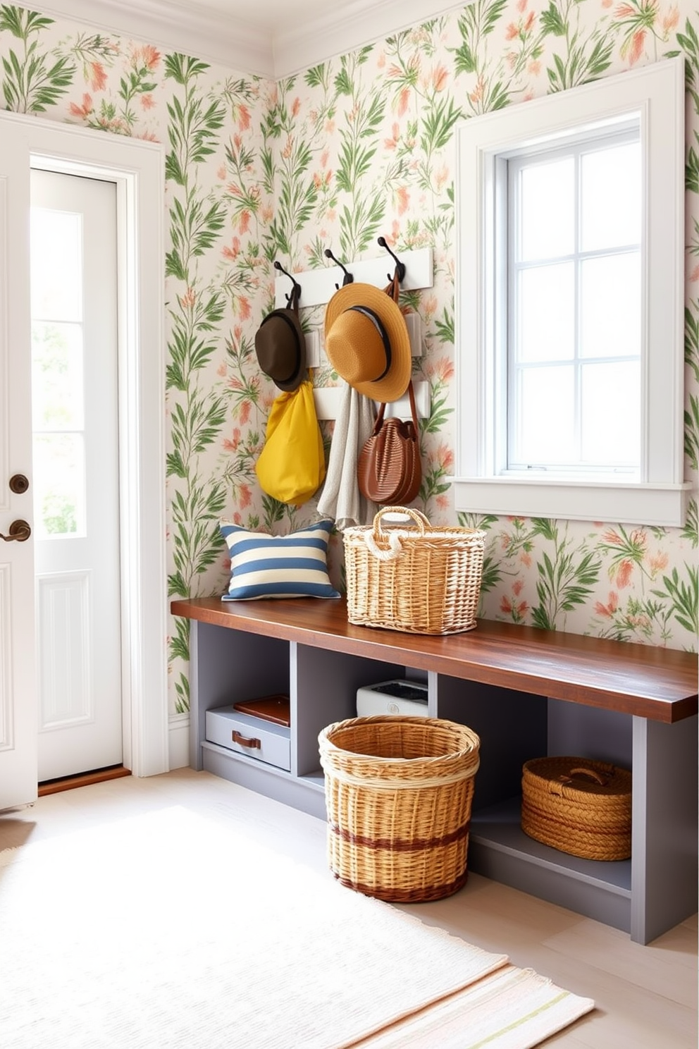 A bright and airy mudroom features removable wallpaper with a cheerful botanical print that instantly elevates the space. The room includes a stylish bench with storage underneath, surrounded by hooks for hanging summer hats and bags. Natural light floods in through a large window, illuminating a woven basket filled with summer essentials. A durable rug in soft pastel colors adds warmth and comfort to the entryway.