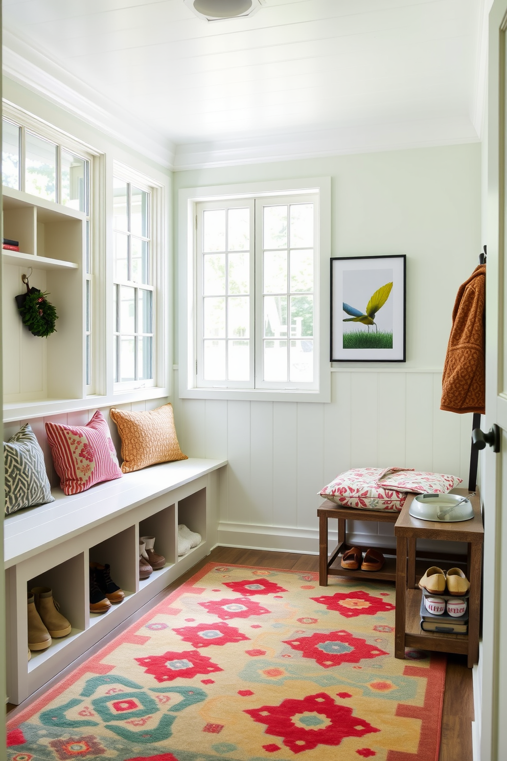 A bright and inviting summer mudroom features a spacious bench with built-in storage for shoes and outdoor gear. To the side, there is a dedicated pet area with a cozy dog bed and a stylish feeding station, complete with matching bowls. The walls are painted in a soft pastel hue, complemented by cheerful artwork depicting nature. Natural light floods the space through large windows, and a colorful area rug adds warmth and comfort underfoot.