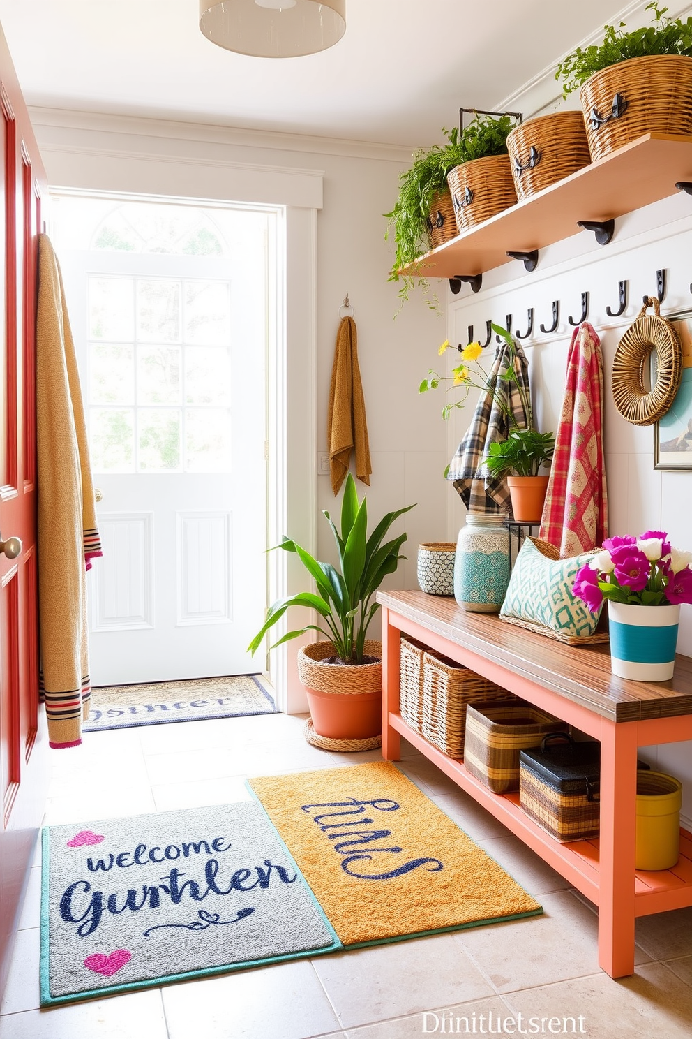 Create a vibrant mudroom filled with summer charm. The space features fun and colorful doormats that greet guests with playful designs and welcoming messages. Incorporate bright storage solutions like woven baskets and hooks for hanging summer gear. Add cheerful decor elements such as potted plants and seasonal artwork to enhance the inviting atmosphere.