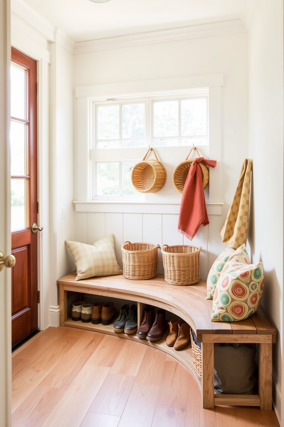 A bright and airy mudroom features a large window allowing natural light to flood the space. Woven baskets are neatly arranged on a rustic wooden shelf, providing stylish storage for shoes and outdoor gear. The walls are painted in a soft pastel hue, complementing the light wood flooring. A cozy bench with colorful cushions invites you to sit and remove your shoes, enhancing the welcoming atmosphere of the summer mudroom.