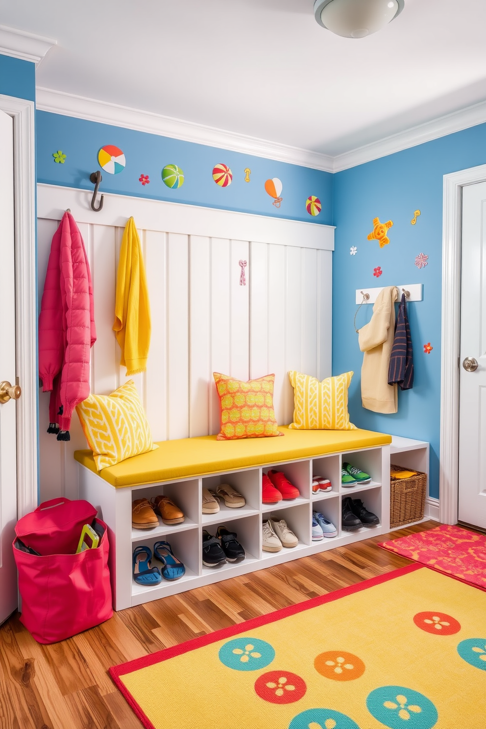 A vibrant mudroom filled with energy and creativity. The walls are adorned with colorful wall decals featuring playful summer themes like beach balls and flip flops. A spacious bench with bright cushions invites relaxation and comfort. Storage cubbies below the bench hold shoes and summer gear, while a cheerful rug completes the lively atmosphere.