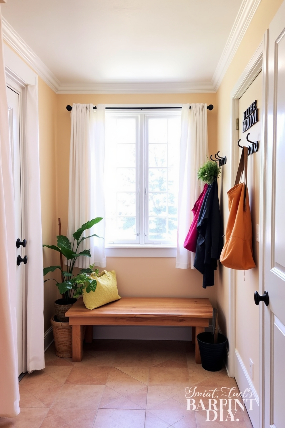 A bright and inviting mudroom filled with natural light. Light and airy curtains frame the windows, allowing sunshine to filter in softly. The walls are painted in a warm pastel hue, complemented by a rustic wooden bench. Decorative hooks line the walls, holding colorful bags and jackets, while potted plants add a touch of greenery.