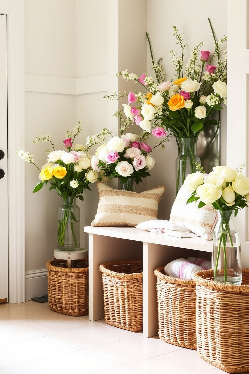 Create a bright and inviting mudroom filled with fresh flowers in elegant vases. The space features a light-colored bench with soft cushions, surrounded by woven baskets for storage and a cheerful color palette of pastel shades.