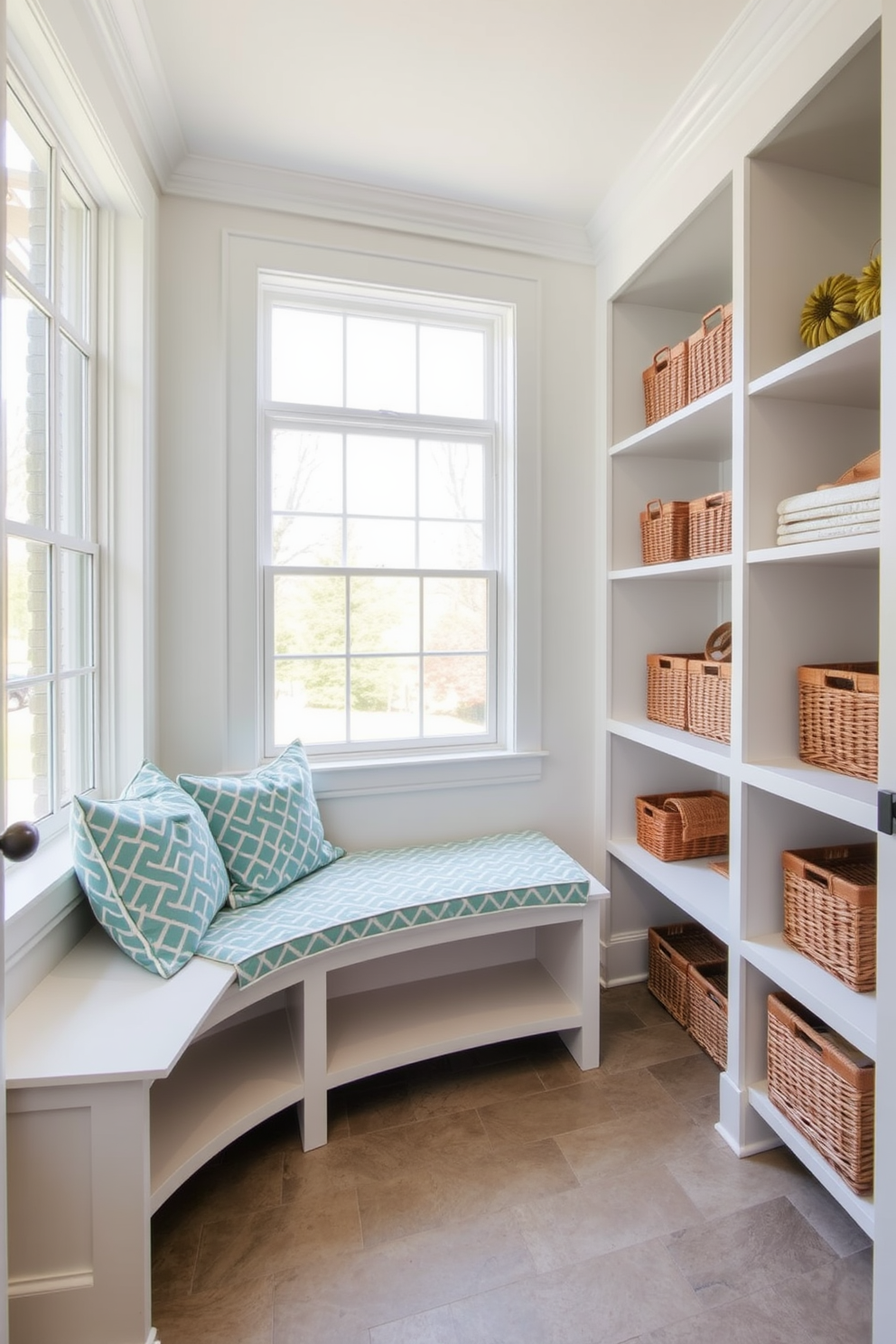 A bright and airy mudroom features a stylish bench adorned with plush cushions in a cheerful pattern. The walls are painted a soft white, and large windows allow natural light to flood the space, enhancing the welcoming atmosphere. To the right of the bench, there are open shelves displaying neatly arranged baskets and seasonal decor. The floor is covered with a durable tile that has a subtle texture, providing both functionality and charm.