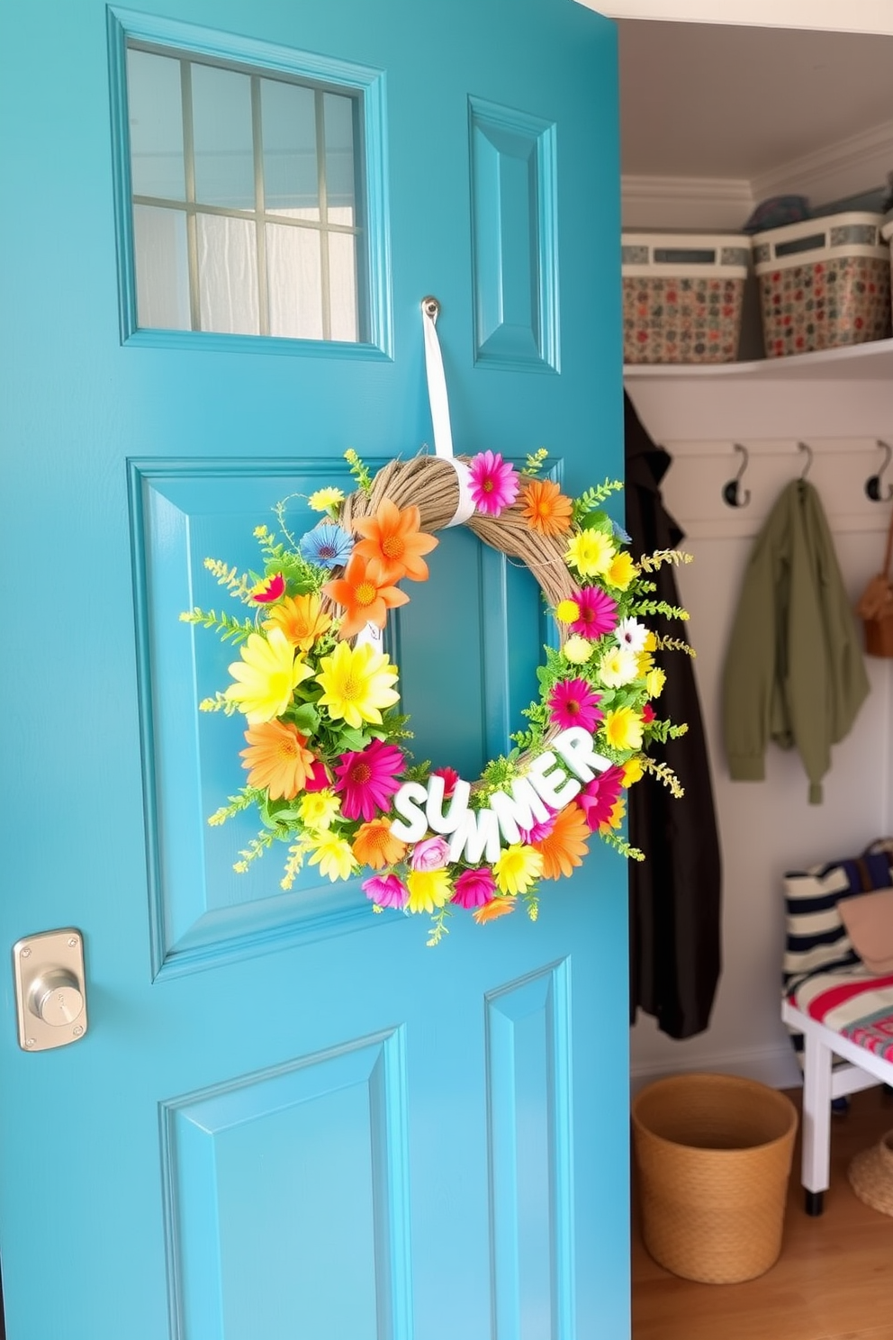 A cheerful summer-themed wreath is hung on the door, adorned with vibrant flowers and playful accents. The mudroom features a combination of bright colors and functional storage solutions, creating an inviting atmosphere for family and guests.