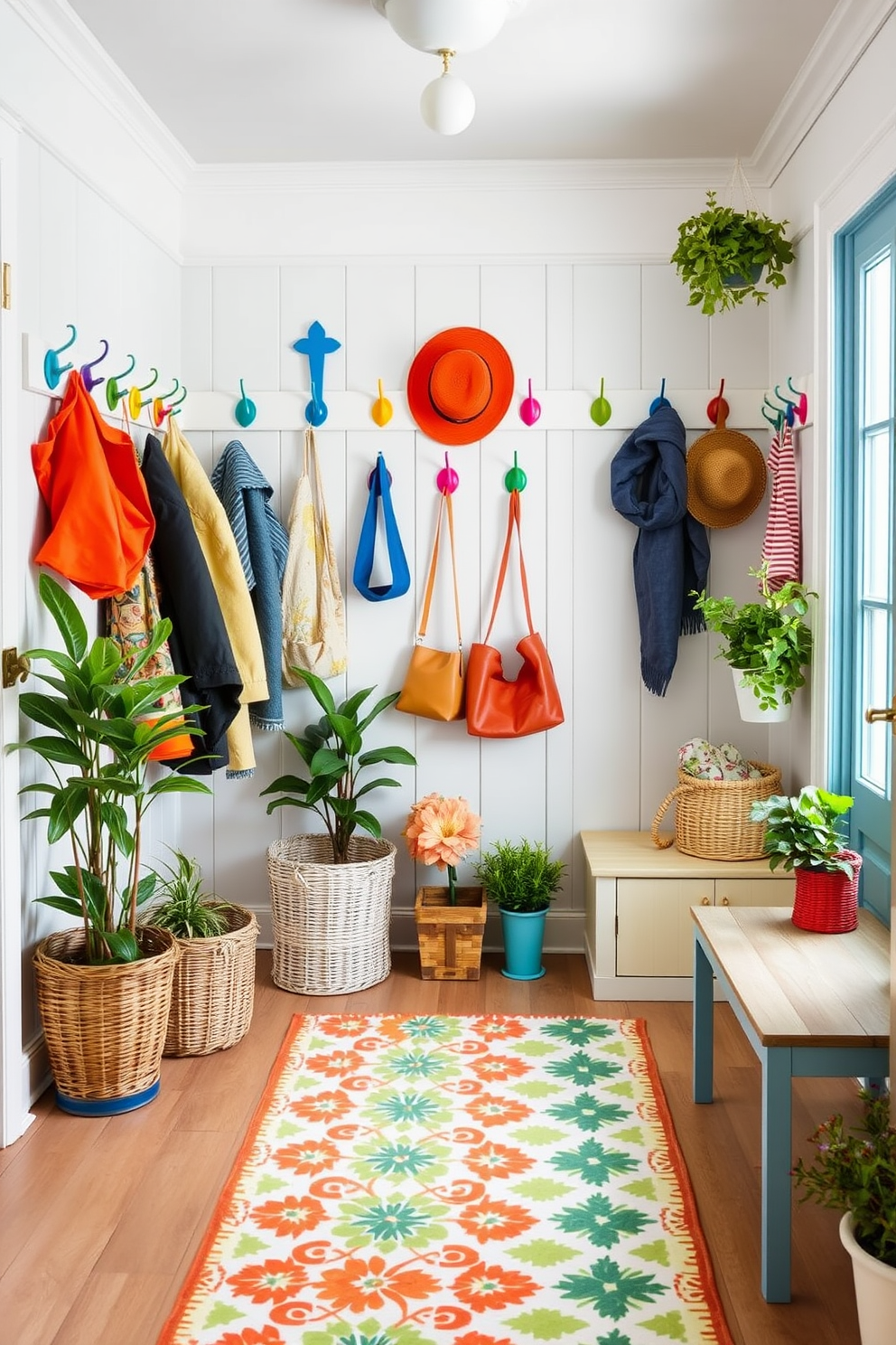 A vibrant mudroom filled with summer charm. Colorful wall hooks in various shapes and sizes are mounted on the walls, providing an organized space for coats, bags, and hats. The floor is adorned with a cheerful patterned rug that adds a pop of color. Potted plants and decorative baskets are placed around the room to enhance the inviting atmosphere.