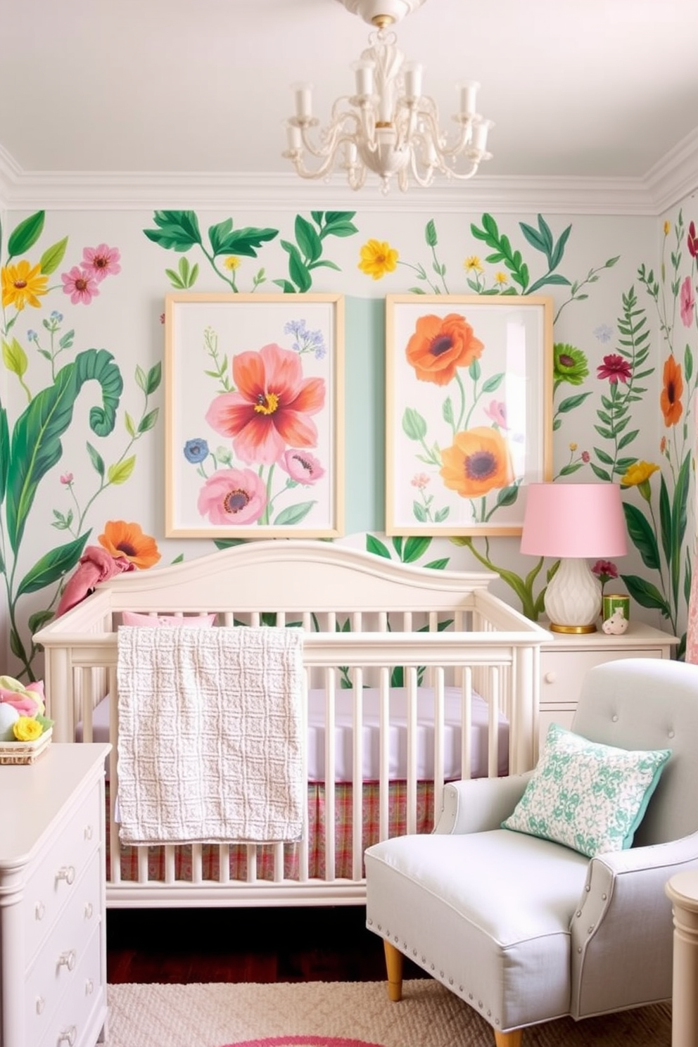 Bright botanical prints adorn the walls creating a vibrant and cheerful atmosphere. The nursery is filled with soft pastel furnishings and playful accents that complement the lively artwork.