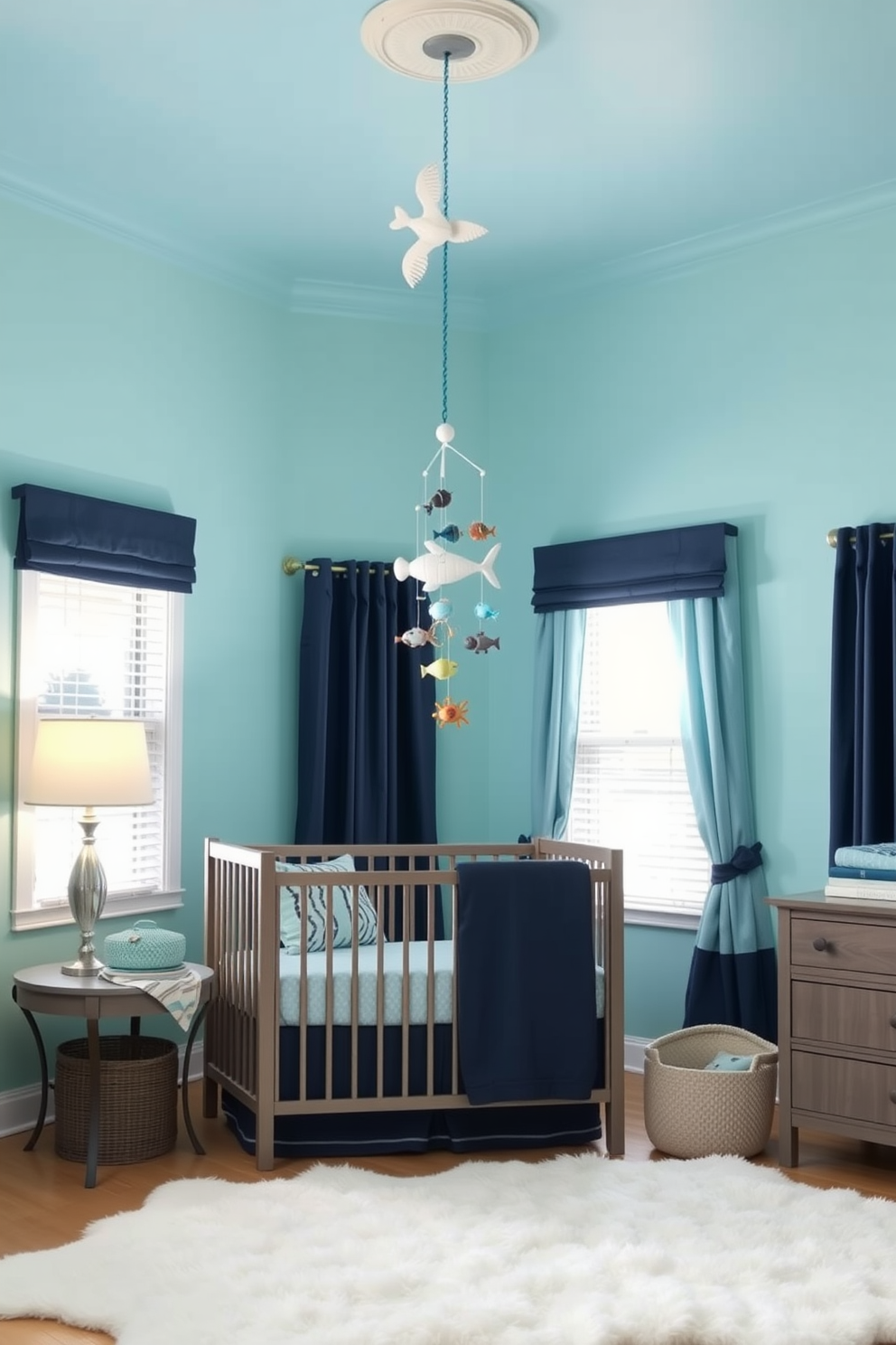 Ocean themed decor with soothing blues. The walls are painted in a soft aqua hue, and accents of navy blue are incorporated through cushions and curtains. A whimsical mobile of sea creatures hangs from the ceiling above a cozy crib. The floor features a plush white rug resembling sandy shores, creating a serene and inviting atmosphere.