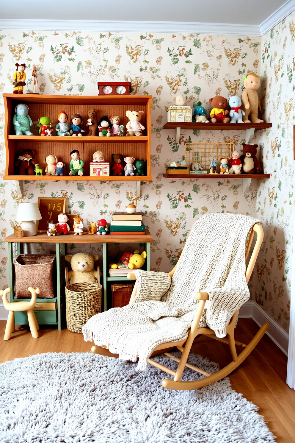 A charming nursery filled with vintage toys displayed on wooden shelves that are painted in soft pastel colors. The walls are adorned with whimsical wallpaper featuring playful patterns, creating a warm and inviting atmosphere. The room features a cozy rocking chair in the corner, draped with a knitted blanket. A plush area rug in muted tones lies on the floor, providing a comfortable space for play and exploration.