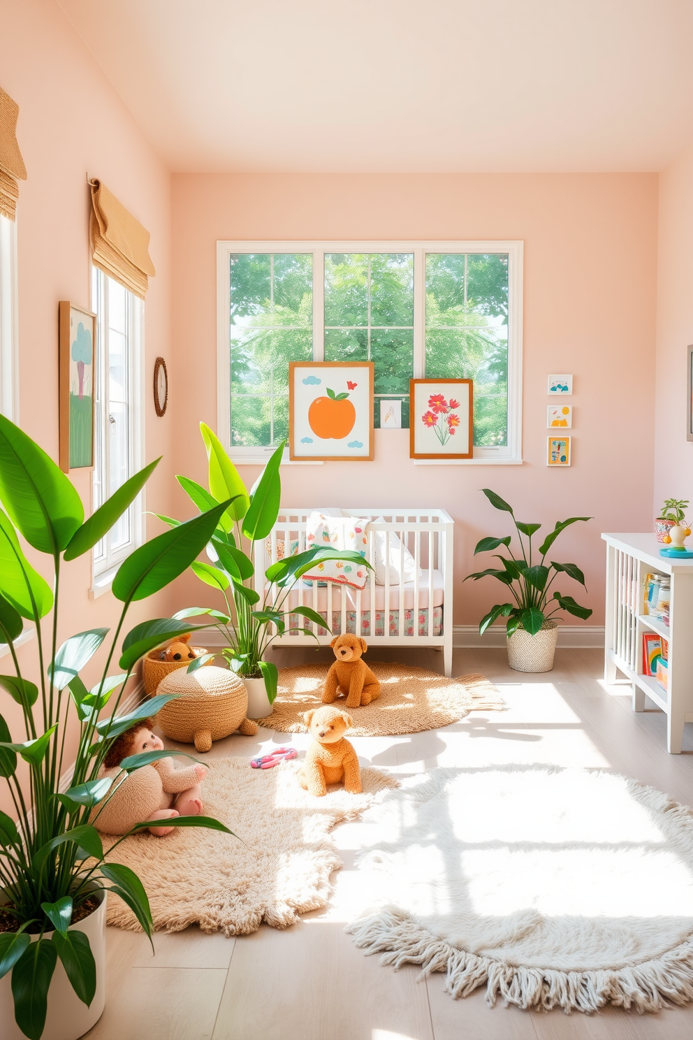 A vibrant summer nursery filled with natural light. The walls are painted in a soft pastel hue, and colorful artwork adorns the space. There are plush rugs on the floor, providing a cozy area for play. Lush green plants are strategically placed to bring fresh air and a pop of color to the room.