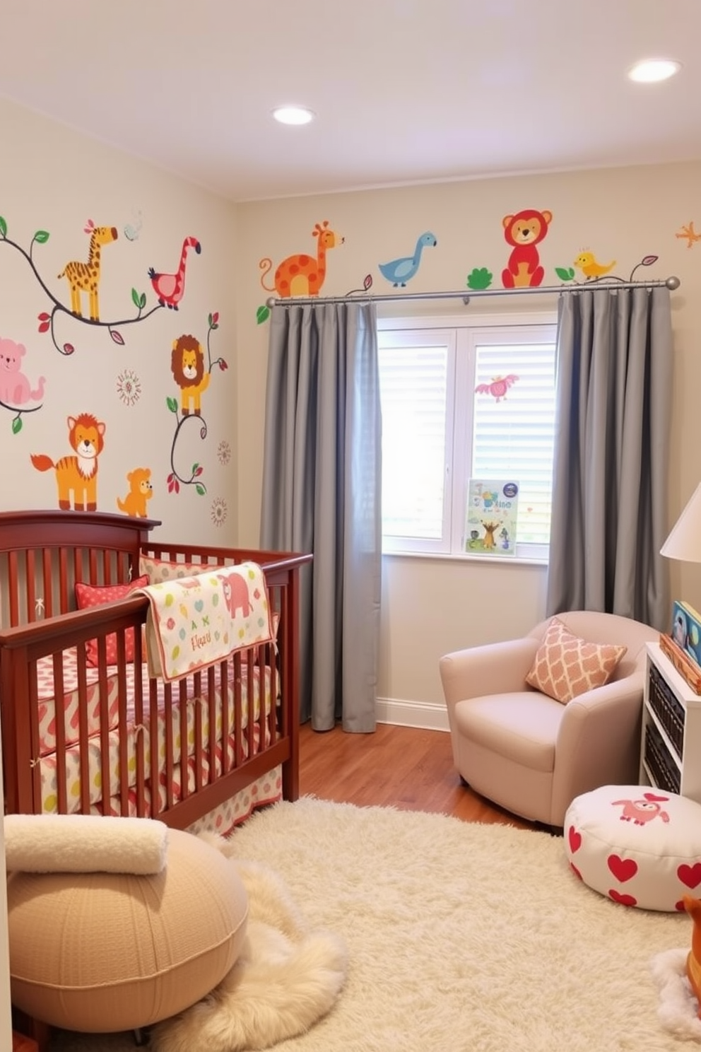 Artistic wall decals featuring whimsical animals and vibrant colors create a playful atmosphere in the nursery. Soft pastel shades on the walls complement the decals, while plush rugs and cozy seating enhance the inviting space. Incorporate cheerful patterns in the bedding and curtains to tie the theme together. Consider adding a small bookshelf filled with colorful children's books to encourage a love for reading from an early age.