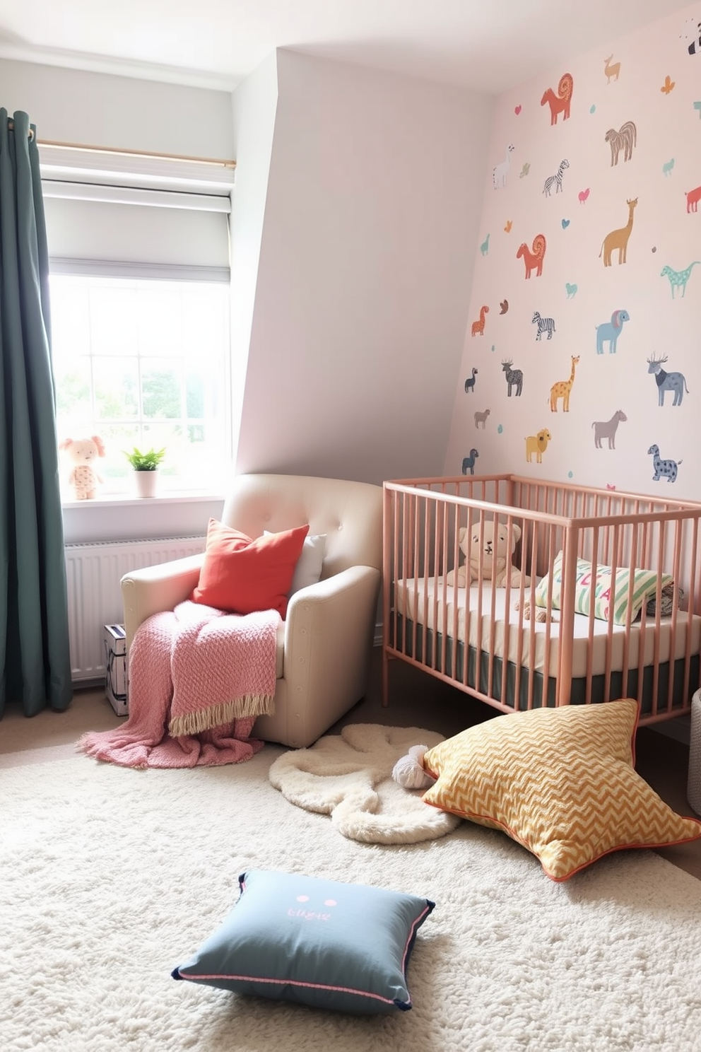 Cozy reading nook with soft cushions. A plush armchair is nestled in the corner, surrounded by a warm throw blanket and an assortment of colorful pillows. Summer nursery decorating ideas. The walls are painted in a soft pastel hue, adorned with whimsical animal prints, and a comfortable crib is positioned near a bright window.