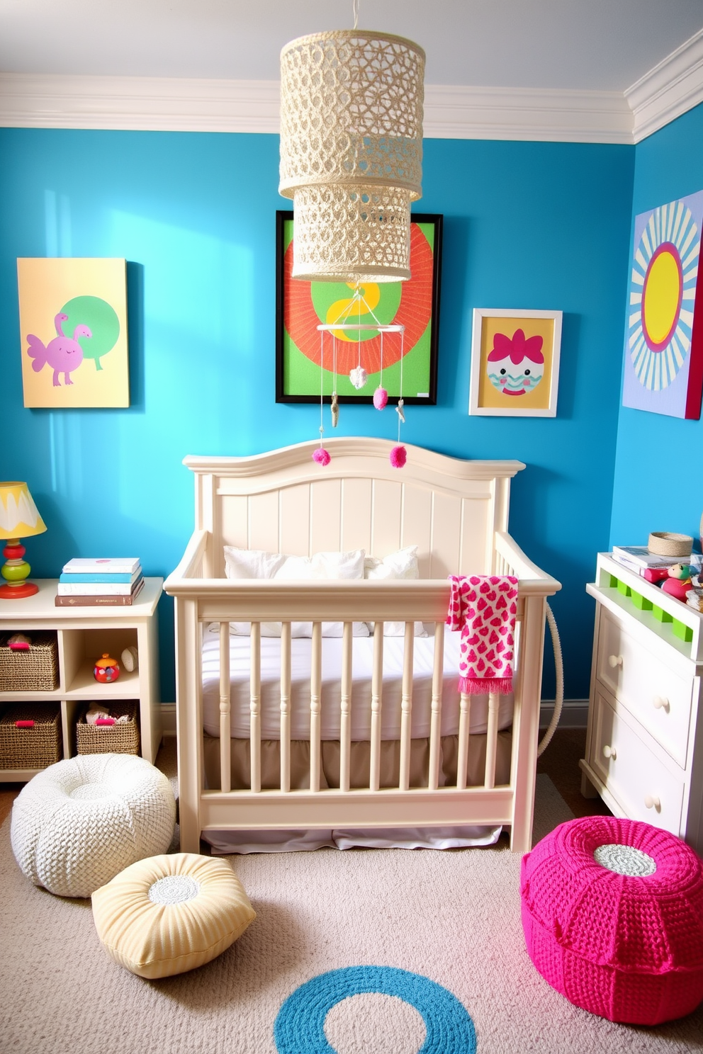 Brightly colored artwork adorns the walls of the nursery, featuring playful designs that capture the imagination. A cozy crib with soft bedding sits in the center, surrounded by cheerful accents in vibrant hues. Summer nursery decorating ideas include light, airy fabrics that evoke a sense of warmth and comfort. A whimsical mobile hangs above the crib, adding a touch of enchantment to the space.