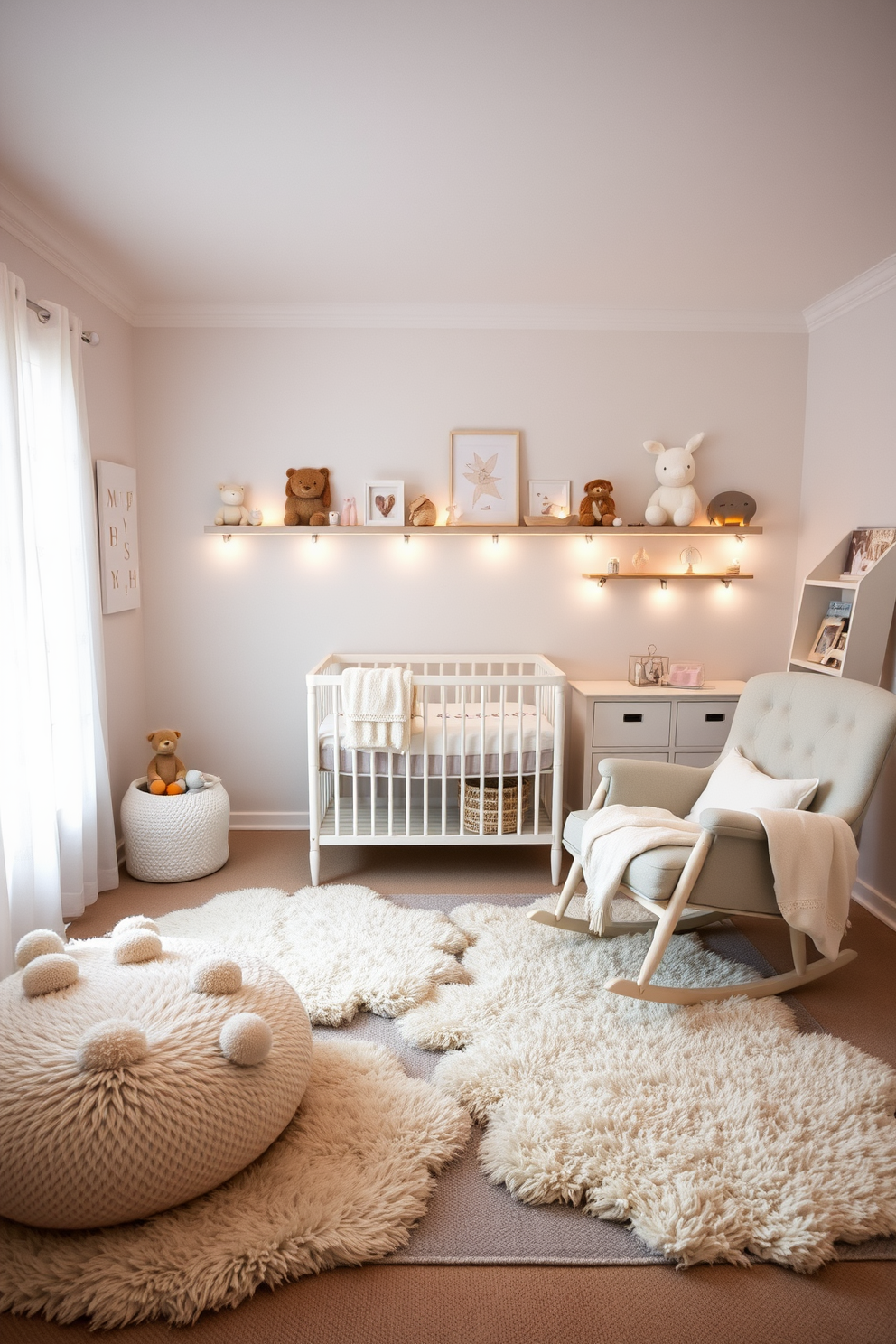 A serene nursery space bathed in gentle night lights creating a calming ambiance. Soft pastel colors adorn the walls, while plush rugs and cozy blankets invite relaxation and comfort. Adorable animal-themed decor pieces are thoughtfully arranged on shelves, adding a playful touch. A comfortable rocking chair sits in the corner, perfect for soothing moments and nighttime feedings.