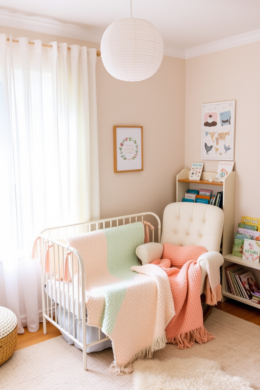 A cozy summer nursery filled with soft textures and pastel colors. The room features a crib adorned with textured blankets in shades of mint and peach, creating a warm and inviting atmosphere. A plush rocking chair sits in the corner, surrounded by a small bookshelf filled with children's books. Soft, sheer curtains allow natural light to filter in, enhancing the cheerful and serene vibe of the space.