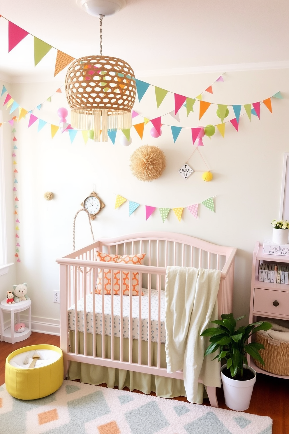 A cheerful summer nursery adorned with colorful bunting garlands. The walls are painted in soft pastel shades, and the crib is surrounded by playful, vibrant decor.