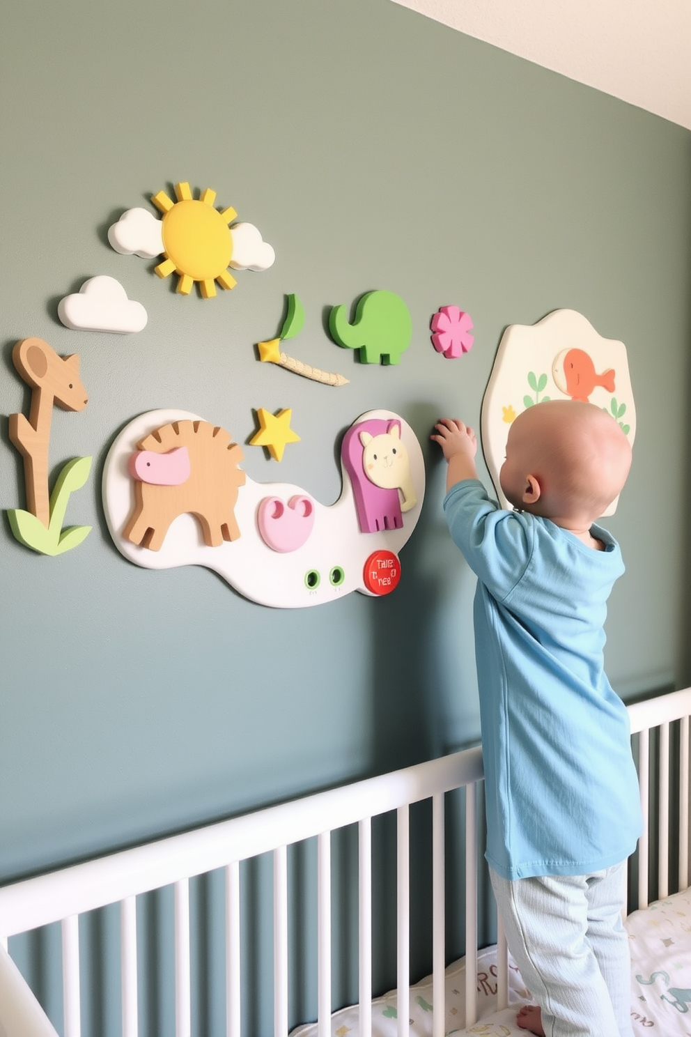 Interactive wall art designed to captivate and engage babies. The nursery features vibrant colors and playful shapes that stimulate visual and tactile exploration. The decor includes soft textures and removable elements for hands-on interaction. Gentle themes of nature and animals create a soothing yet stimulating environment for early development.