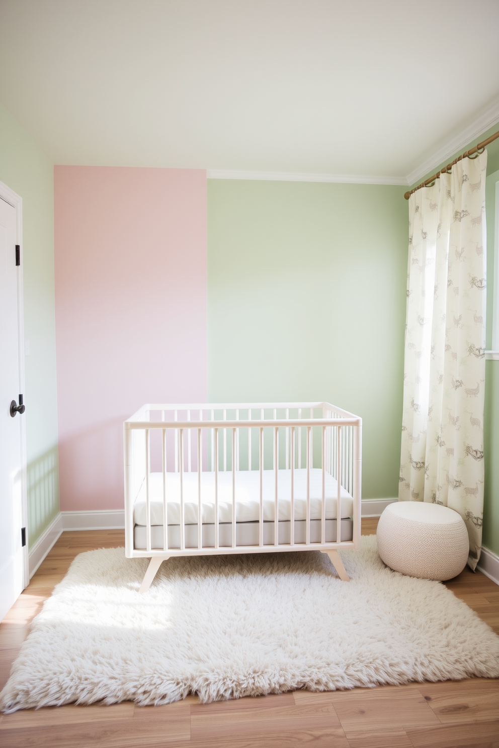 A serene nursery filled with soft pastel colors creates a calming atmosphere. The walls are painted in a gentle mint green, complemented by a light pink accent wall featuring whimsical animal decals. A cozy crib with a plush white mattress sits in the center, surrounded by a fluffy area rug in soft beige. Delicate curtains with a subtle floral pattern frame the window, allowing soft natural light to filter in.