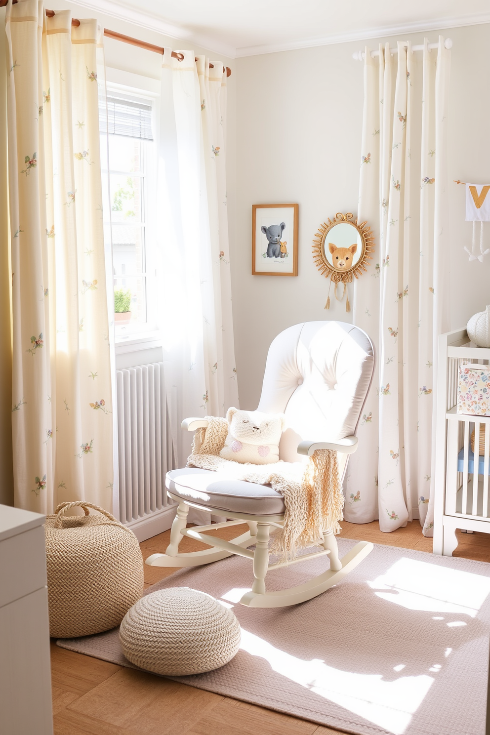 A vintage-inspired rocking chair sits in the corner of a sunlit nursery, its soft pastel upholstery adding a touch of warmth and charm. Surrounding the chair, whimsical decor elements such as framed animal prints and a cozy knitted blanket create an inviting atmosphere for both relaxation and play. The nursery is adorned with delicate summer-themed accents, including floral patterns and light, airy fabrics that evoke a sense of tranquility. Soft natural light filters through sheer curtains, enhancing the serene ambiance and making it the perfect space for nurturing and comfort.