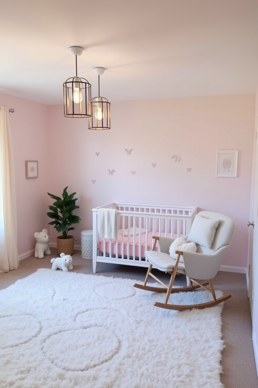 A serene nursery space filled with soft pastel colors. Delicate hanging lanterns provide a warm glow, creating a cozy atmosphere for summer nights. The walls are adorned with whimsical animal prints, and a plush area rug invites playtime. A comfortable rocking chair sits in the corner, perfect for quiet moments with your little one.